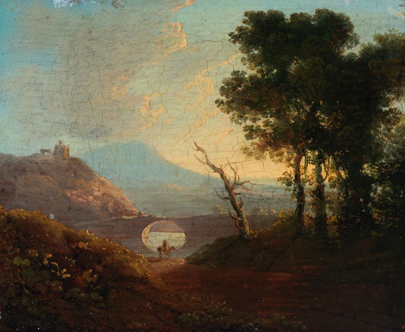 A landscape oil painting by James Arthur O'Connor showing hills and a gentle gradient of colors.