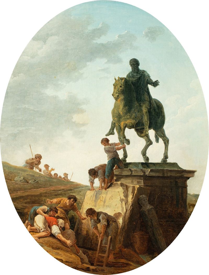 Paisaje animado con la estatua de Marco Aurelio, óleo sobre lienzo de Hubert Robert