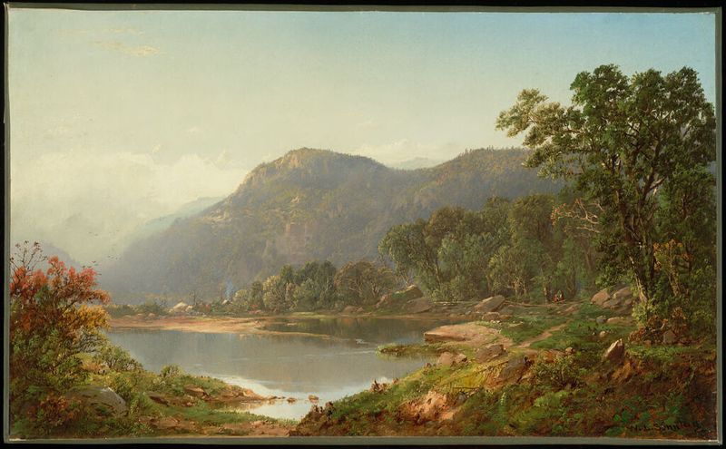 Oil painting of the Shenandoah River by William Louis Sonntag, featuring golden light and lush hills.