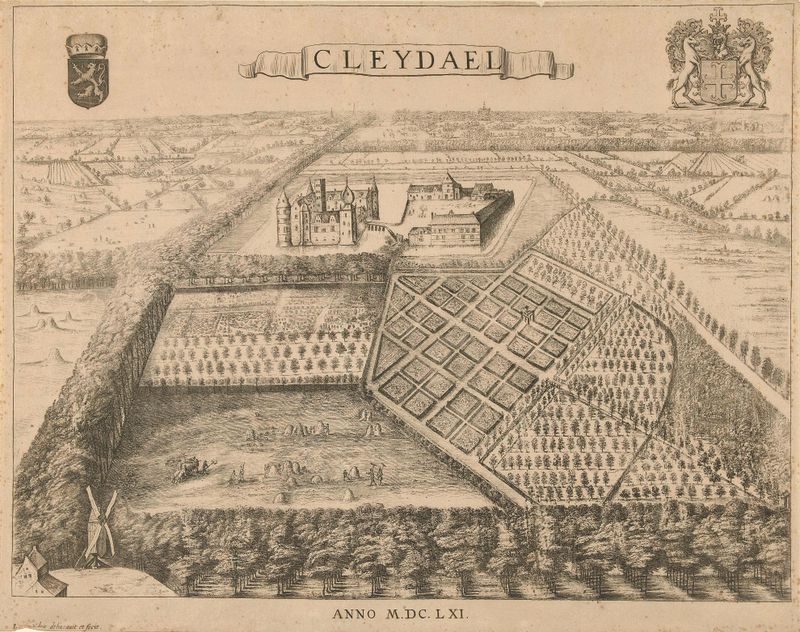 Grabado de Lucas van Uden que muestra un jardín con flores vibrantes y luz natural.
