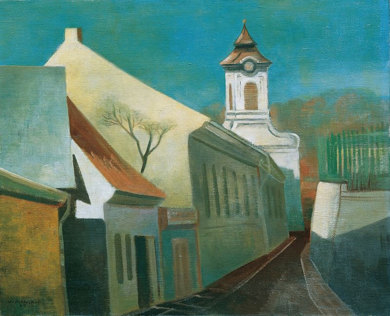 Landscape depicting a cobblestone path and greenery by Viktor Planckh, 1940