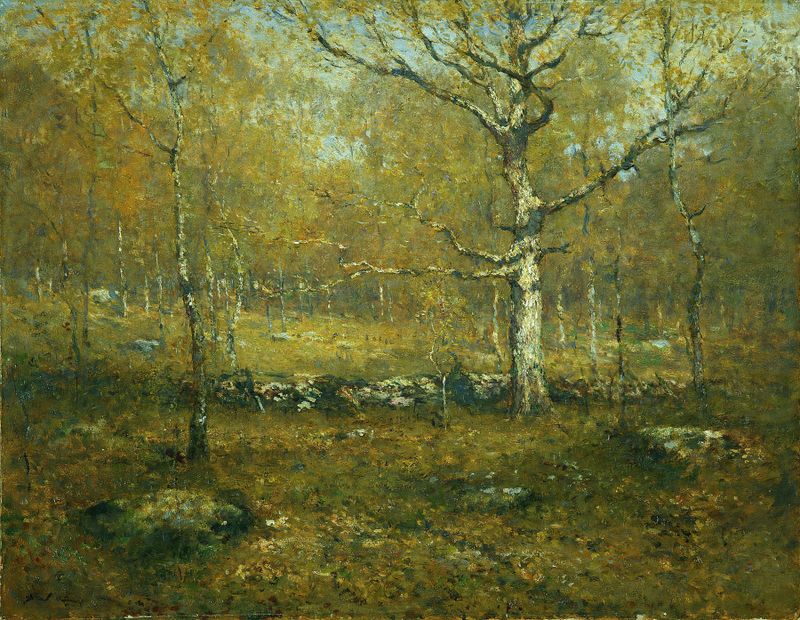 Spring Woods by Henry Ward Ranger, oil on canvas depicting a vibrant forest in spring.
