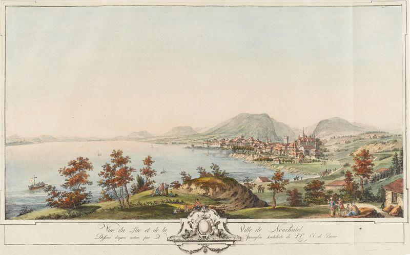 Vue du Lac et de la Ville de Neuchatel, oil painting by Niklaus Sprüngli depicting a serene lake and distant city.