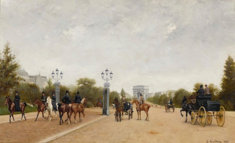 L’avenue du bois de Boulogne by Edmond Grandjean, oil on canvas depicting trees and dappled shadows.