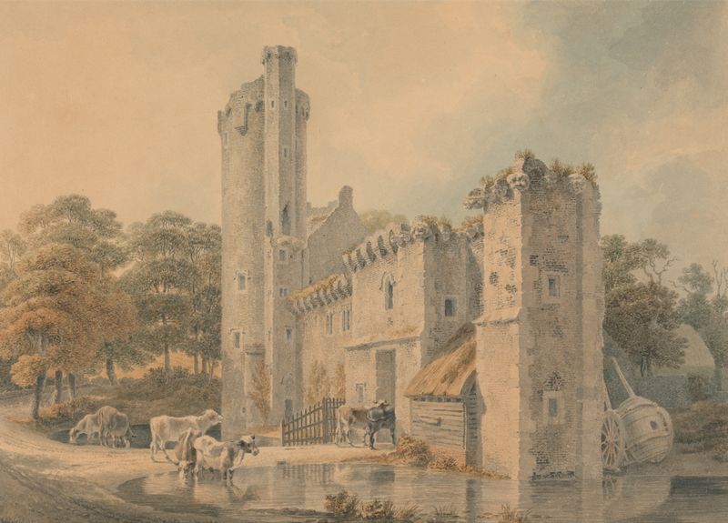 Caister Castle, a landscape oil painting by Michael Angelo Rooker, features hills and vibrant blue and green colors.