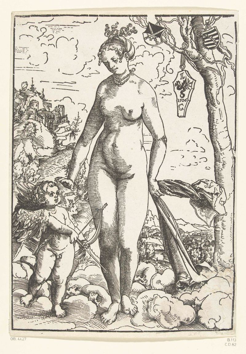 Venus en Amor de Lucas Cranach (I), papel, representando a Venus desnuda iluminada por luz dorada.