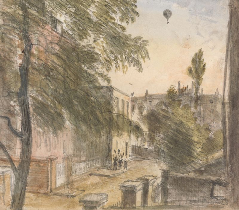 Balloon over Holland Street by William Crotch, depicting a colorful balloon in the twilight sky.