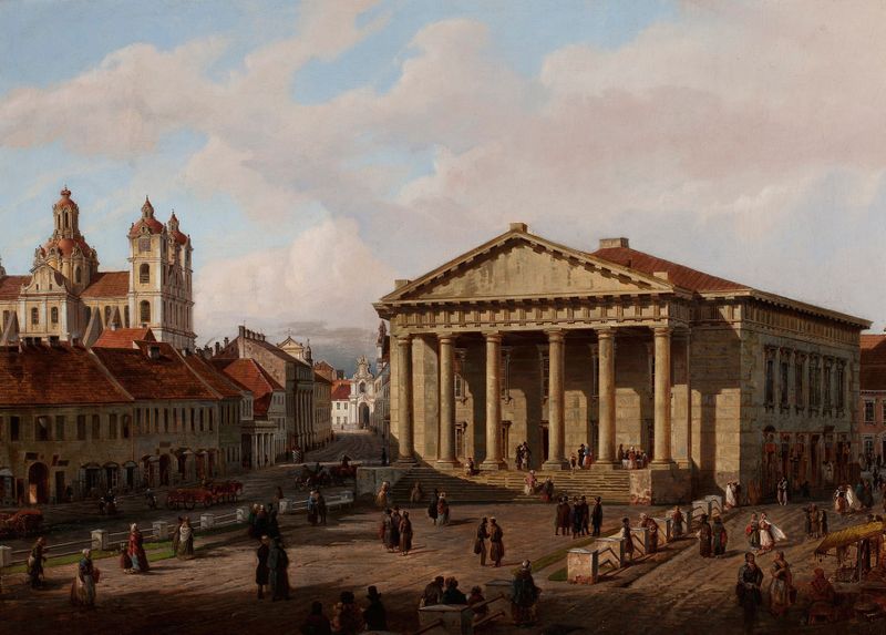 Town Hall in Vilnius by Marcin Zaleski, oil on canvas, featuring a grand town hall and a cloudy sky.