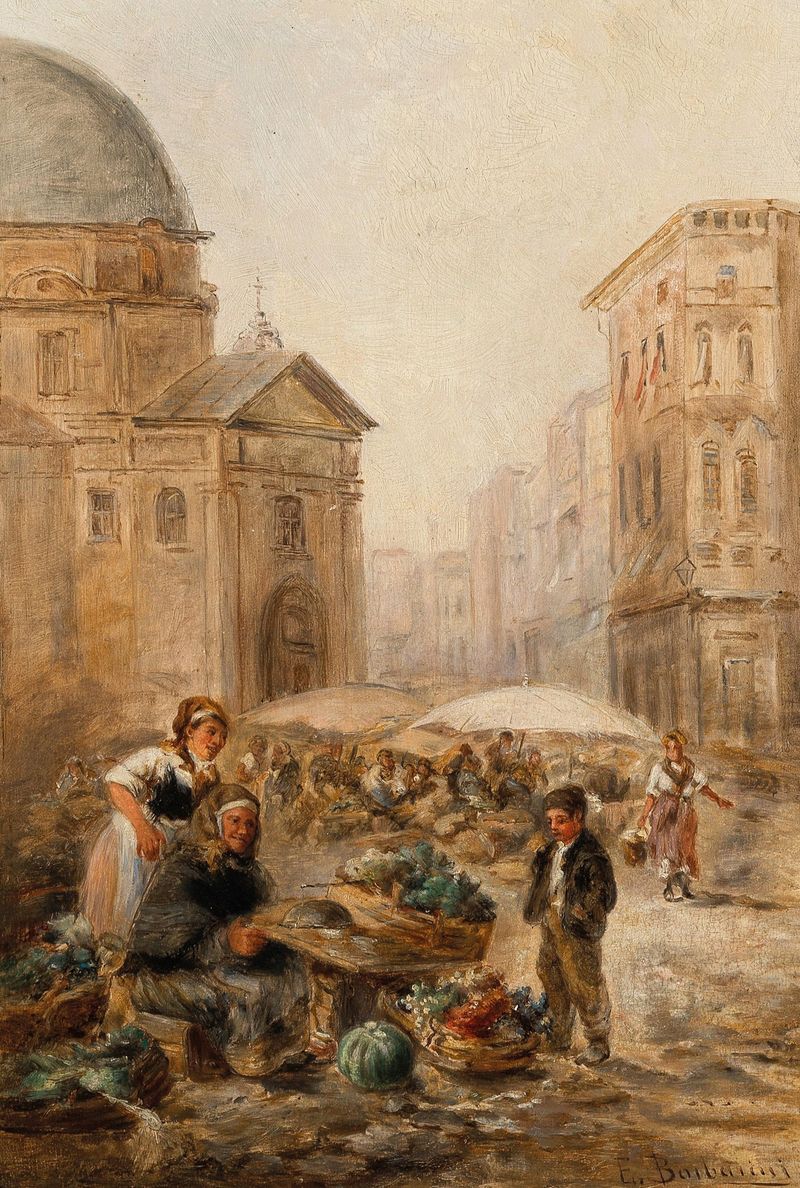 A Market Scene by Emil Barbarini, realism, depicting a lively market filled with colorful produce.