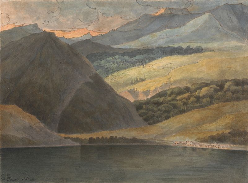 Paisagem do Lago Maggiore ao entardecer por Francis Towne, pintura a óleo