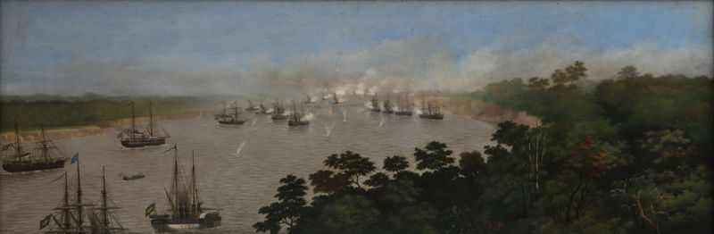 Historical battle scene on the river by Cándido Lopez, oil painting