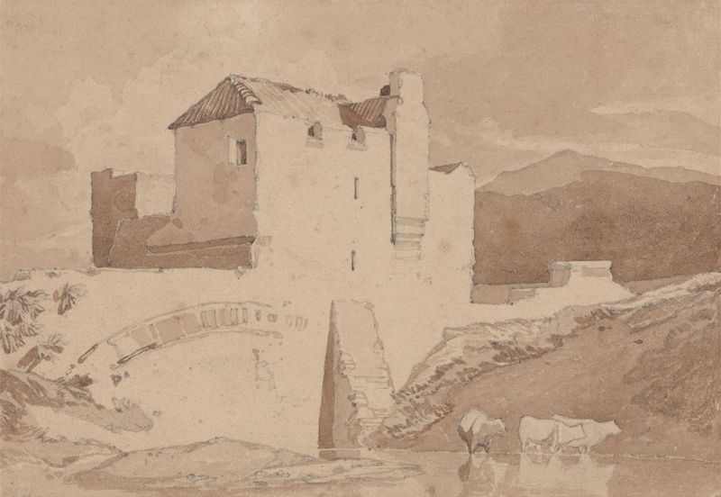Watercolour by John Sell Cotman depicting an old stone building with soft light