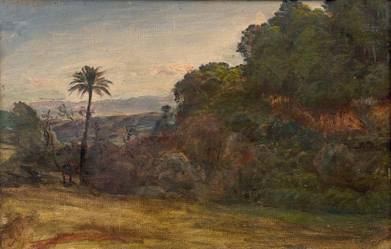 Cena de paisagem com verdes vibrantes e céu dourado, pintura a óleo de Louis Janmot