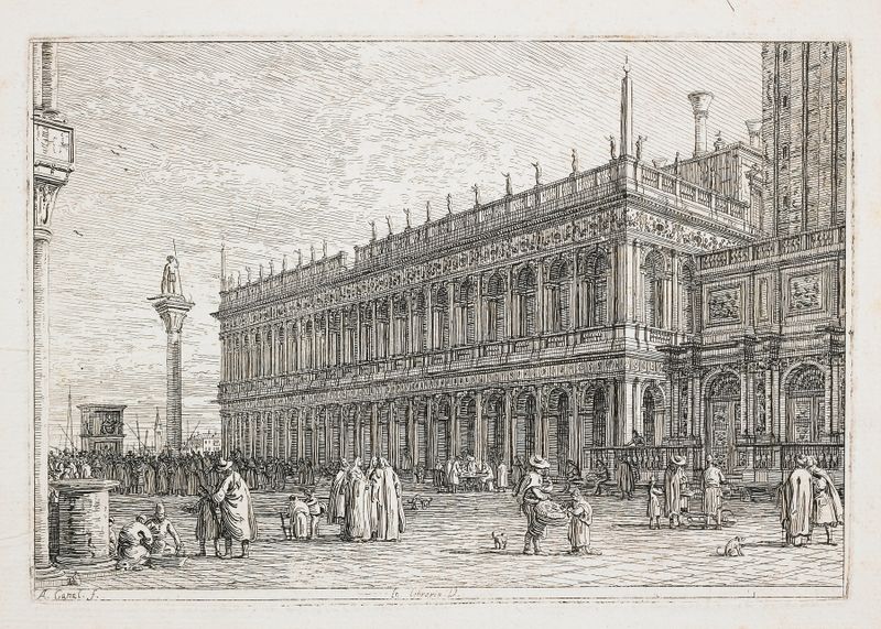 La Libreria V. de Canaletto, óleo sobre tela, retratando um interior de biblioteca veneziana