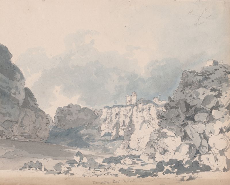 Paisagem de Dunnottar Castle por James Moore, pintura a óleo
