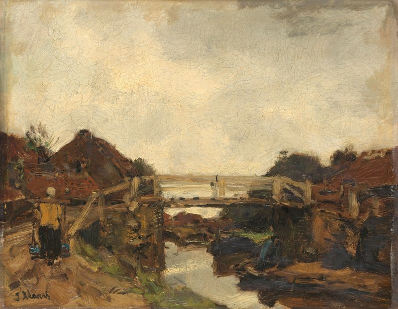 Wooden Bridge across a Canal at Rijswijk by Jacob Maris, oil painting depicting a tranquil landscape.