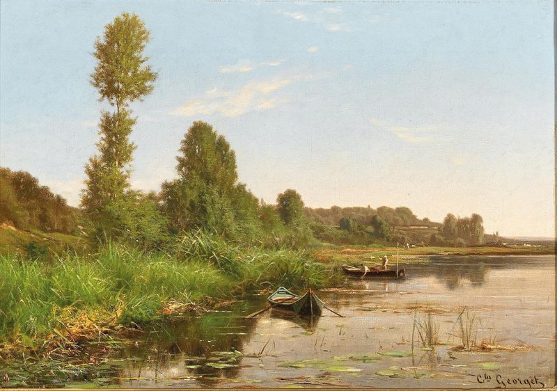 Um Pescador à Beira do Rio, óleo de Charles-Jean Georget