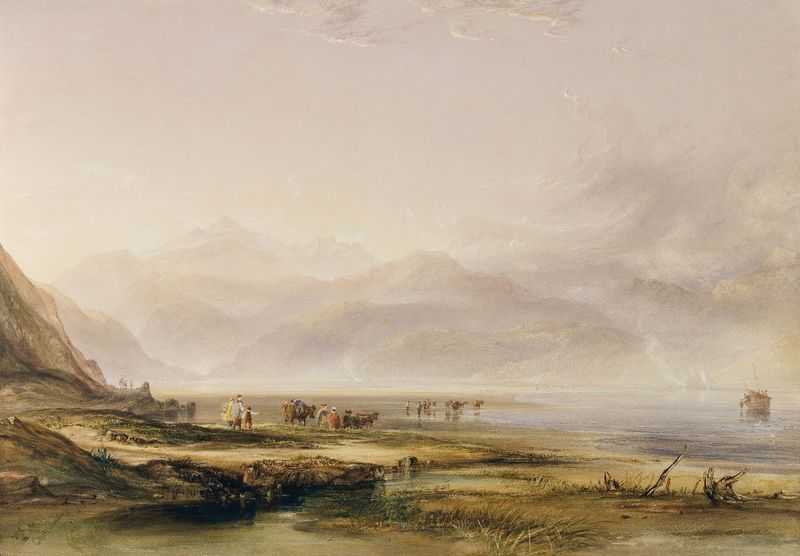 Coastal landscape with hills and sunlight, watercolor by Copley Fielding