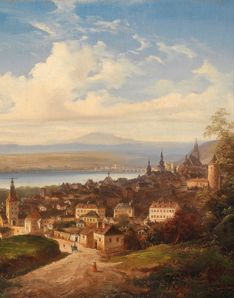 Landscape view featuring rolling hills and a river by Johann Wilhelm Jankowski, oil on canvas