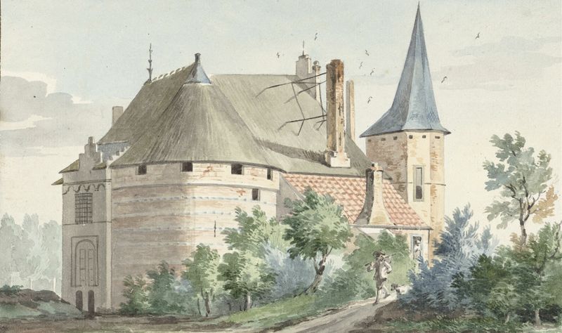 Het kasteel te Wouw de Aert Schouman, pintura al óleo que muestra la silueta de un castillo contra el cielo.