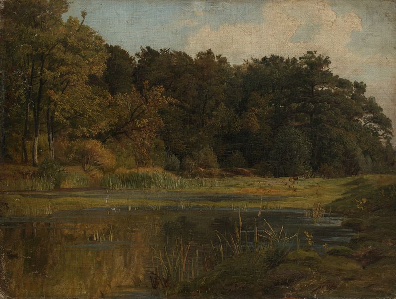 Waldteich de Johann Wilhelm Schirmer, pintura a óleo de um tranquilo lago florestal com luz solar filtrada.