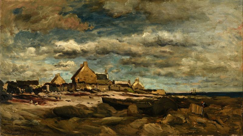 Paisagem com um céu luminoso ao pôr do sol e água de Charles François Daubigny, pintura a óleo
