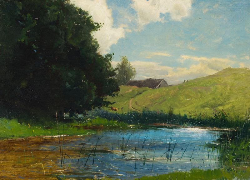 Landscape at Köpingebro by Gustaf Rydberg, oil on canvas depicting green hills under a blue sky.