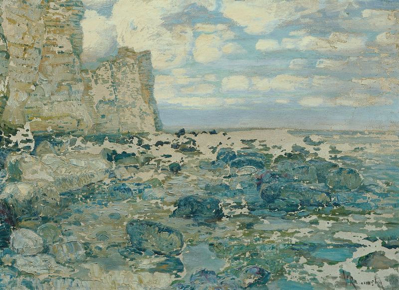 Escena marina con aguas azules y costa rocosa, óleo sobre lienzo de Wenzel Radimský