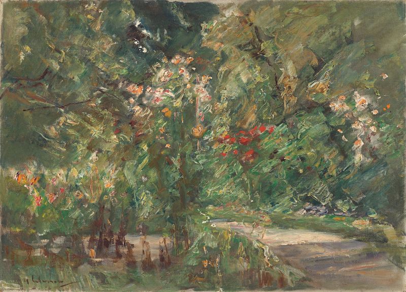 Oil painting by Max Liebermann depicting a vibrant garden with flowers and lush greenery.