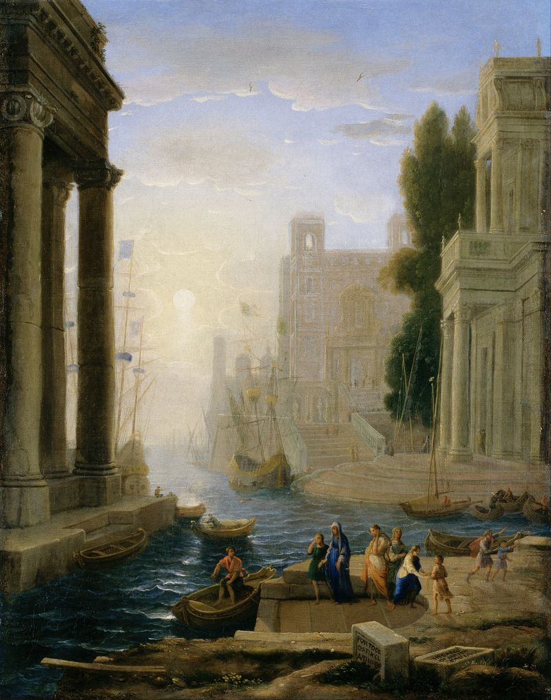 Embarkation of St Paula de Claude Lorrain, óleo sobre tela mostrando navios e luz dourada