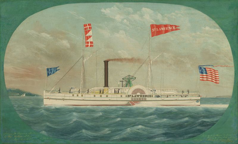 Steamer ‘St. Lawrence’ by James Bard, oil on canvas, a ship sailing on the ocean with smoke.