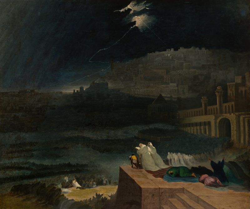 Repentance of Nineveh, oil painting by John Martin, showing a prophet among a crowd in despair.