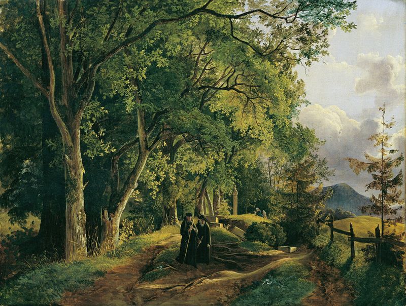 Landscape with a path through trees, by Josef Feid, oil painting