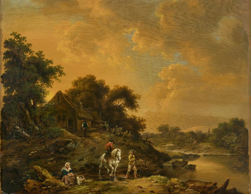 Evening Landscape by Ferdinand Kobell, oil painting depicting twilight over rolling hills.
