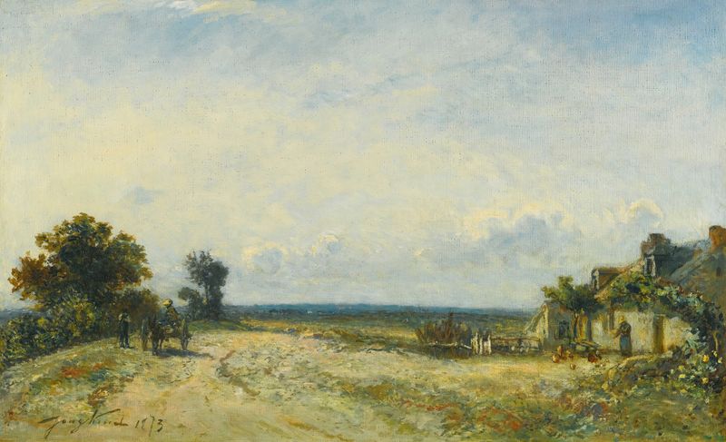Paisaje con colinas y árboles de Johan Barthold Jongkind, óleo sobre lienzo
