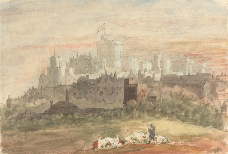 A Capriccio of Windsor Castle de Sir George Hayter, pintura al óleo que muestra un castillo bañado en luz solar.