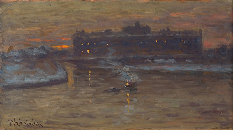 Noche de Invierno de Per Ekström, óleo sobre lienzo que representa un paisaje de río nevado.