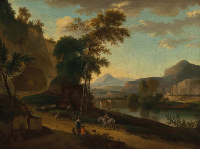 River landscape with travellers, oil painting by Jan Hackaert