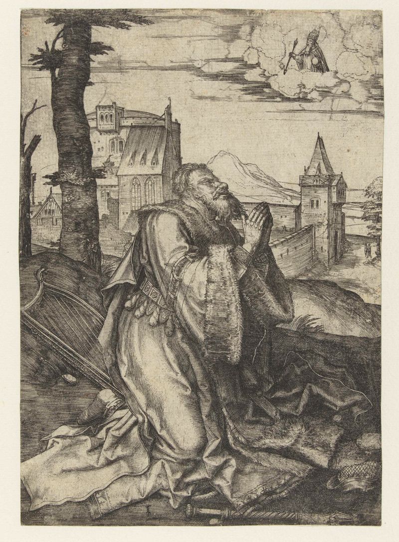 Grabado de Lucas van Leyden de David arrodillado en oración con intrincadas vestiduras.