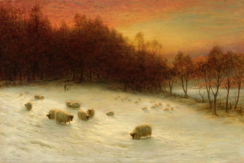 Oil painting by Joseph Farquharson depicting a sunset over rolling hills.