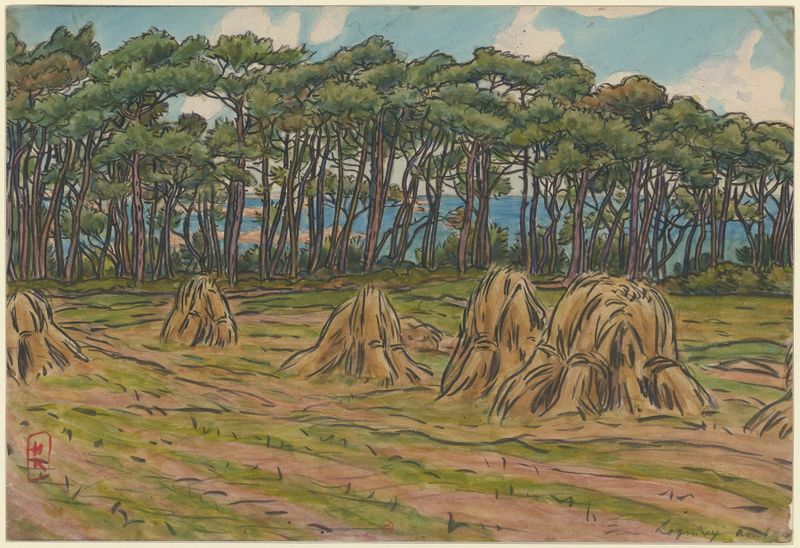 Loguivy de Henri Rivière, litografía de aguas costeras tranquilas y cielo.