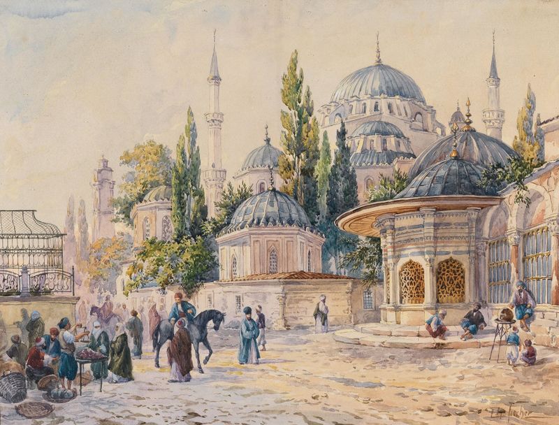 The Sehzade Mosque in Laleli, oil on canvas by Ludwig Hans Fischer