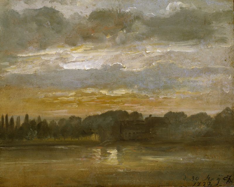 The Elb in the Evening, pintura a óleo de Johan Christian Dahl, retratando um rio tranquilo ao crepúsculo.