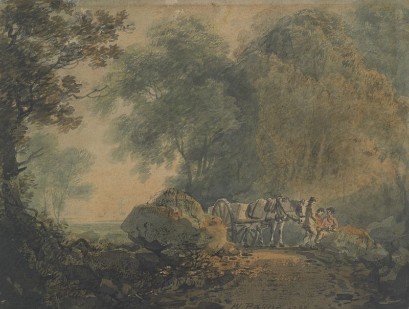 A quarry near Plymouth, aquarela sobre papel de William Payne, retratando uma paisagem rochosa com luz e sombra.