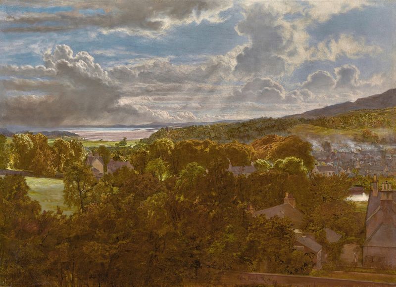Mill On The Fleet, óleo sobre tela de John Faed, retratando um rio tranquilo e um campo exuberante.