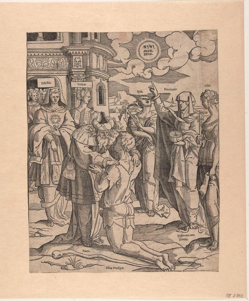Escena religiosa de la reunión entre padre e hijo, papel de Cornelis Anthonisz