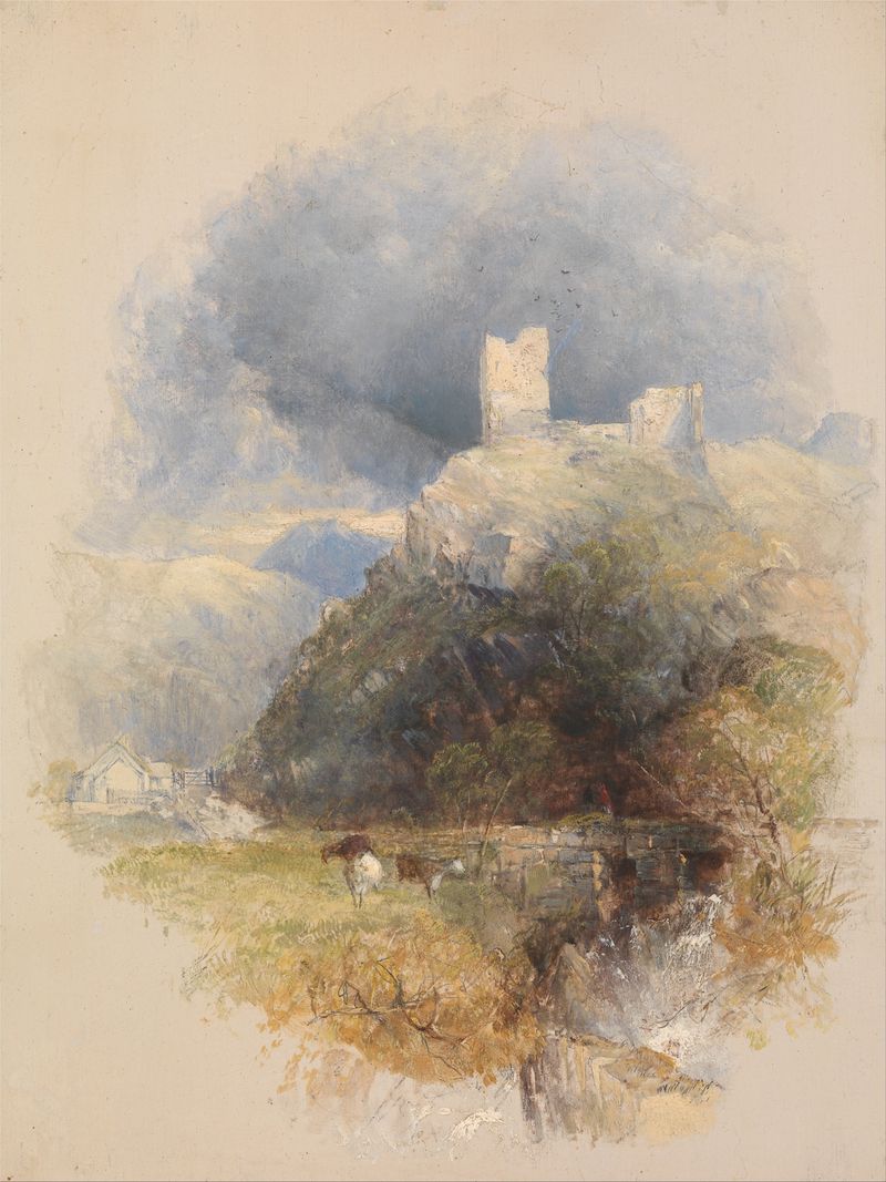 Dolwyddelan by Thomas Creswick, oil on canvas depicting a stormy mountain landscape.