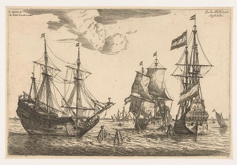 Etching by Reinier Nooms depicting three sailing ships anchored under a pale sky
