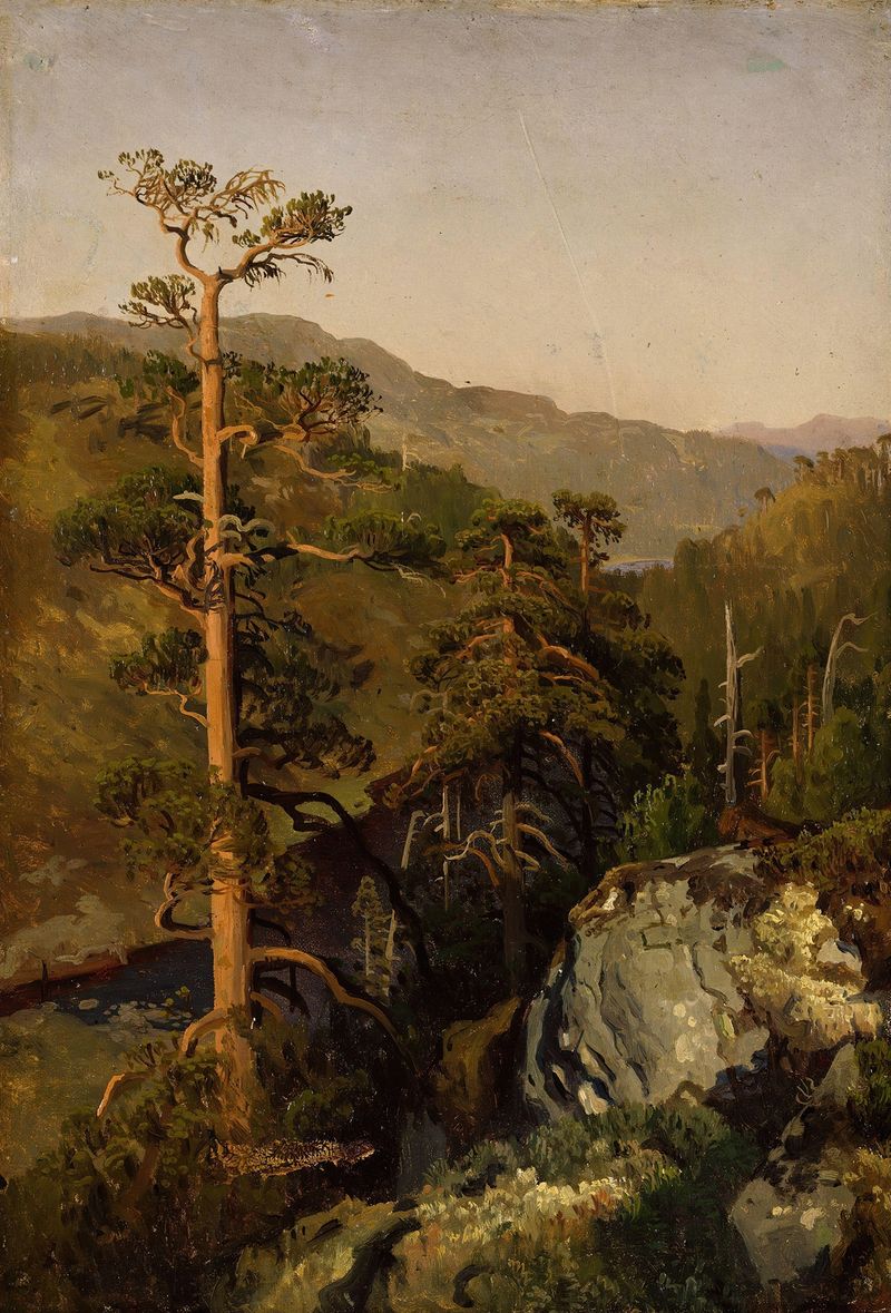 Rocky Landscape with Pinetrees by August Cappelen, oil on canvas depicting rocky cliffs and pine trees