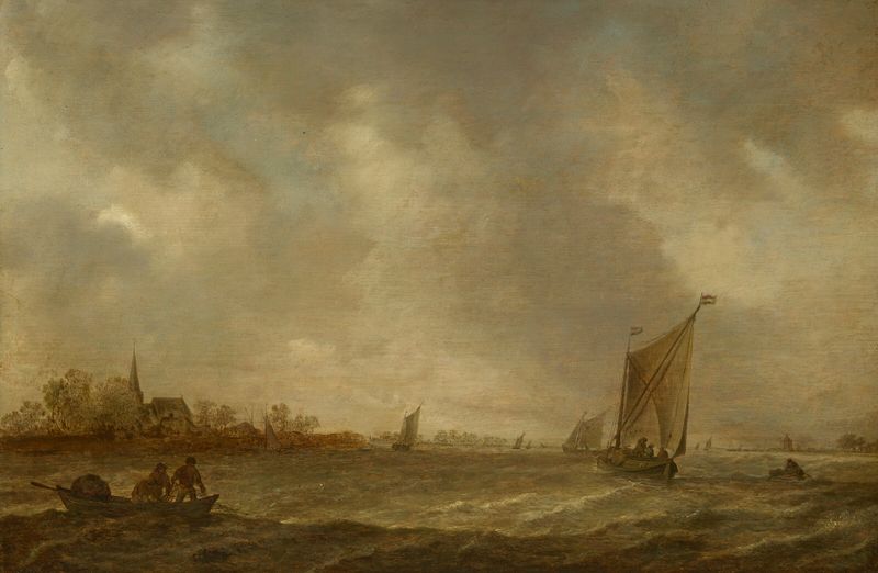 Estuário com pescador e navegação, óleo sobre tela de Jan van Goyen